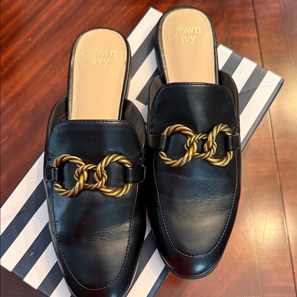 Crown & Ivy Black Flats with Gold Chain Detail